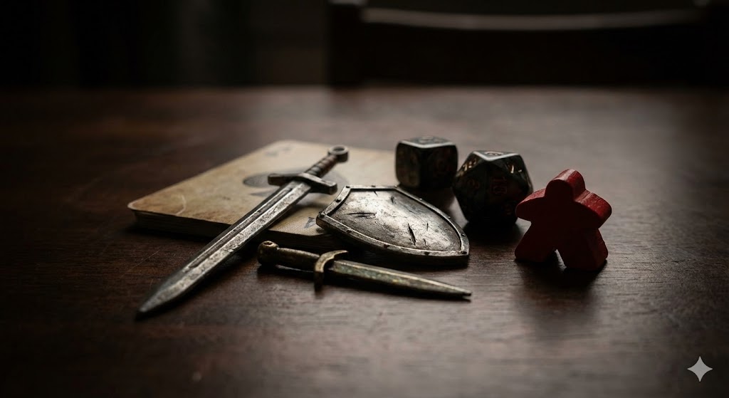 תקריב אומנותי של כלי נשק מיניאטוריים (חרב, מגן, פגיון) המונחים על שולחן עץ כהה לצד קוביות משחק ומיפל (Meeple), הממחישים את השילוב בין תוקפנות לאסטרטגיה במשחקי קופסה חדשניים.