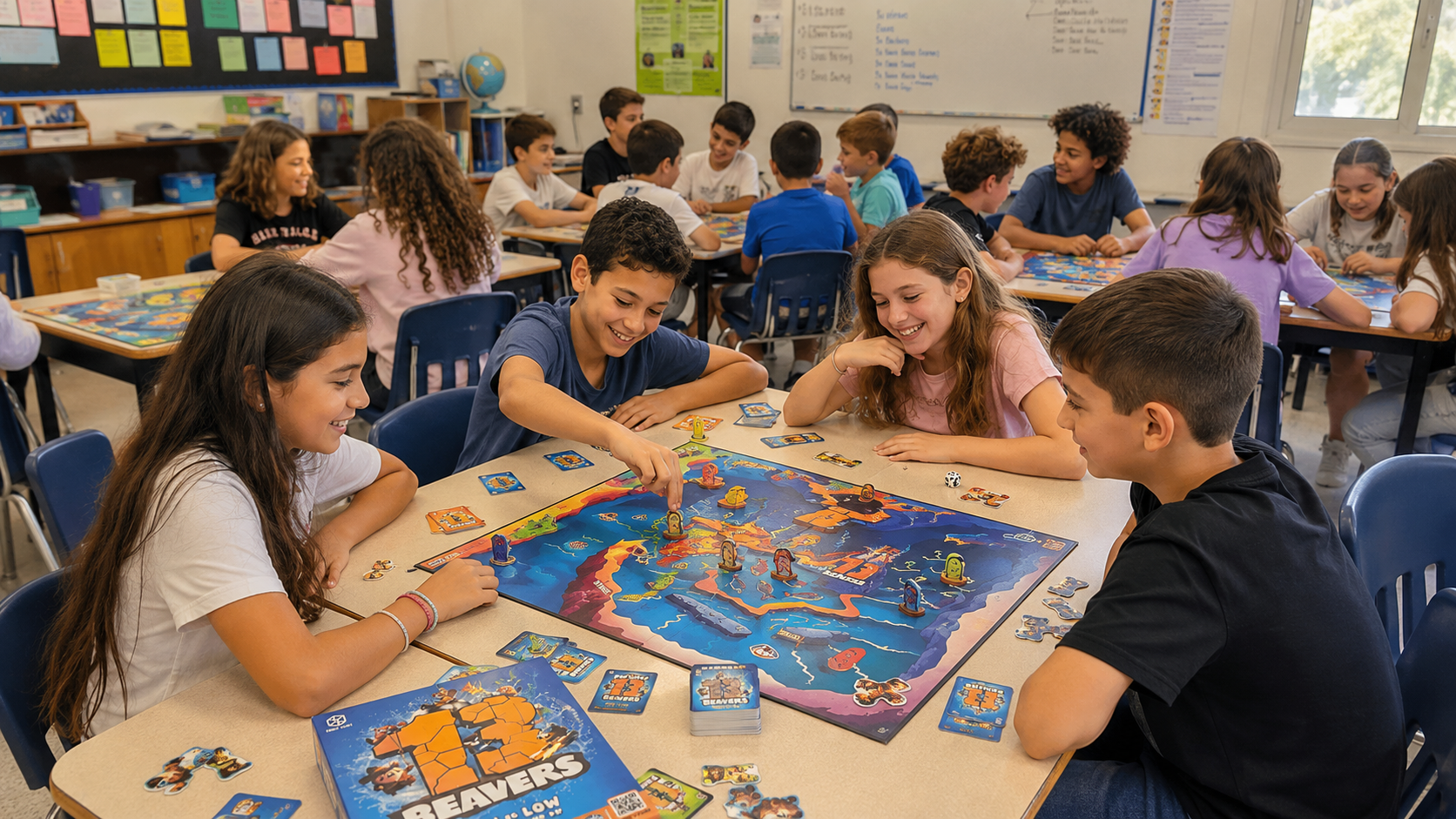 תלמידים משחקים בכיתה במשחק קופסה חדשני בסגנון 13 Beavers, סביב שולחנות בקבוצות קטנות ובאווירה חברתית, שמחה ופעילה.