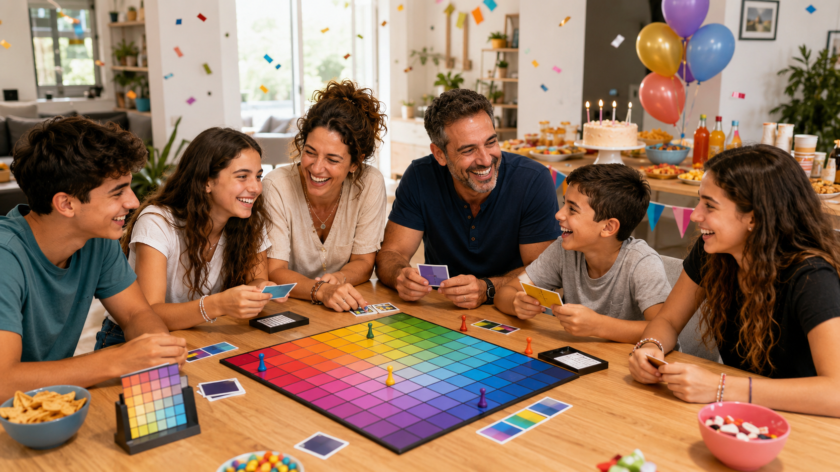 משפחה ישראלית משחקת יחד במשחק קופסה צבעוני סביב שולחן ביום הולדת משפחתי