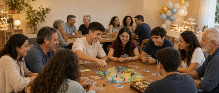 משפחה ישראלית חוגגת בר או בת מצווה סביב שולחן עם משחקי קופסה וקלפים חברתיים