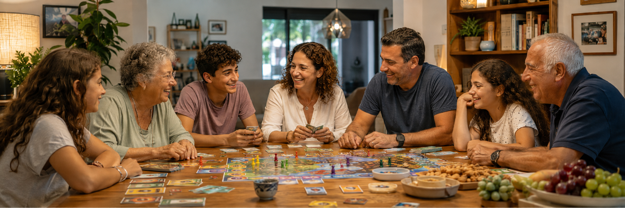 משפחה משחקת סביב שולחן משחקים בחגיגה משפחתית עם משחקי קופסה וקלפים חדשניים