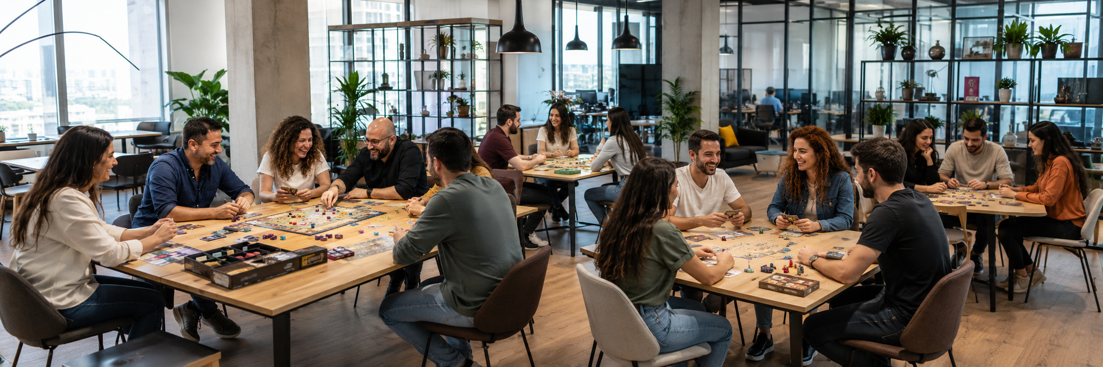 עובדי חברת הייטק צעירים בישראל יושבים בארבעה שולחנות במשרד מודרני, משחקים במשחקי קופסה חדשניים, צוחקים ונהנים בפעילות גיבוש חברתית.
