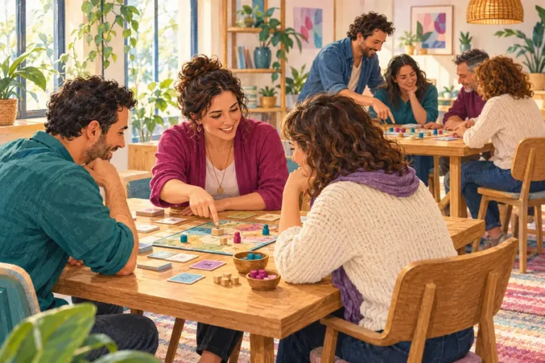 איור של הנחיה ועזרה למשתתפים סביב שולחנות משחק